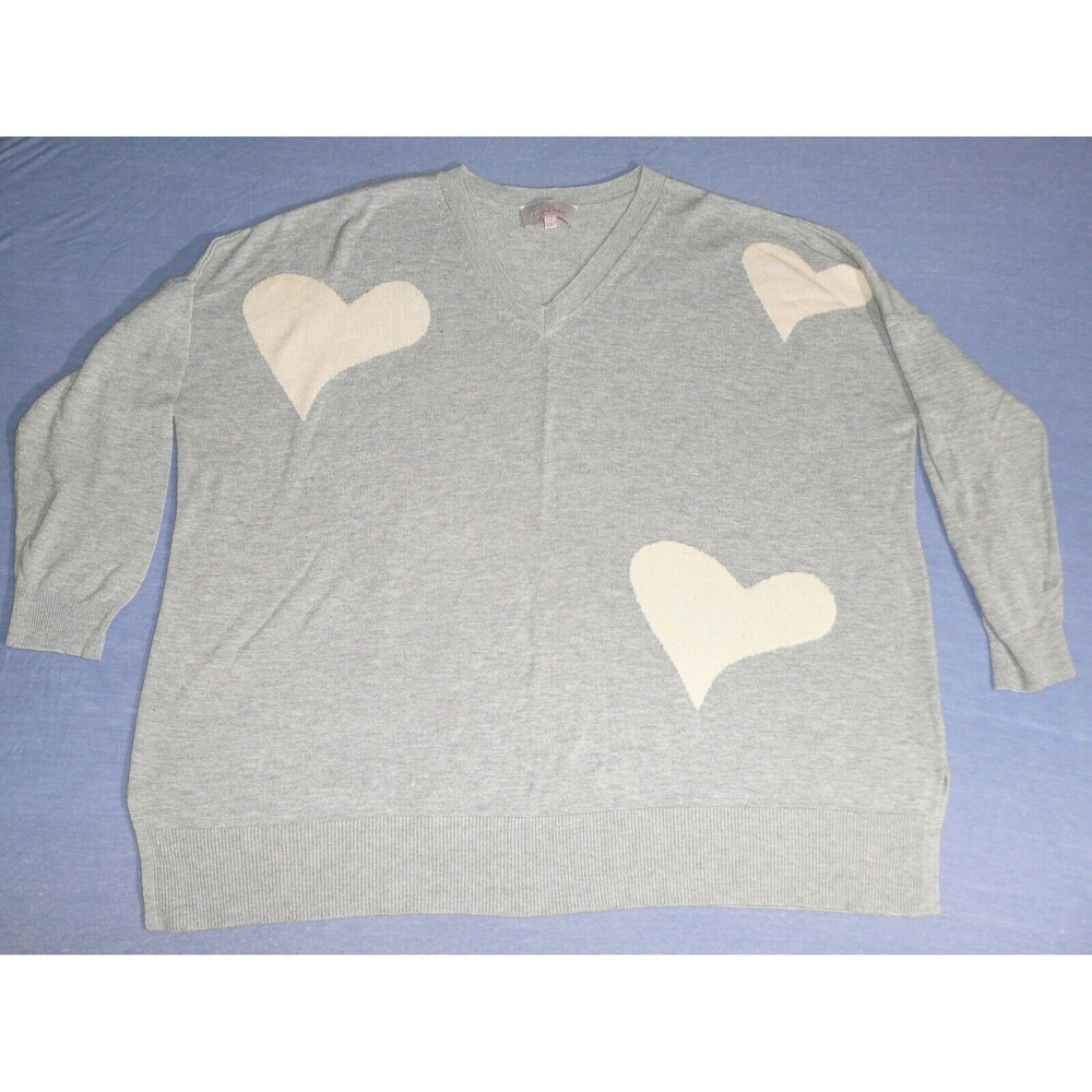 Laurie Felt V Neck Pullover Sweater With Hearts Heather Gray Women's Size 2XL